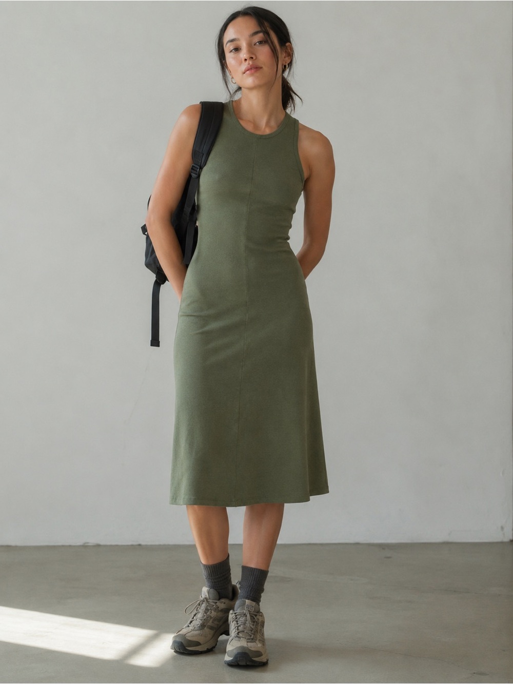 NEW Lunya Restore Fitted Midi Dress Humble Heather Green Medium Gorpcore Cotton